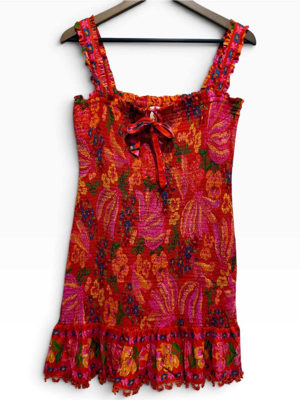 FARM Rio Floral Smocked Mini Dress Ruffle Tie Crochet Hem Large L